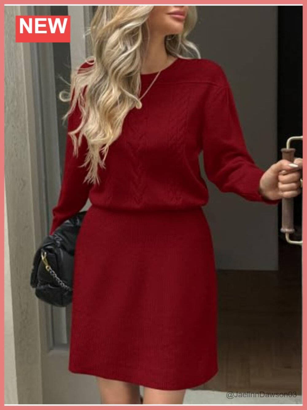 Puff Long Sleeve Sweater Dress Cable Knit A-Line Mini Fall Dress - Picture 2 of 6